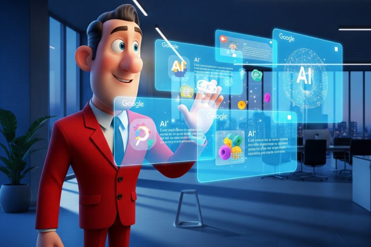 Animierter Geschäftsmann im roten Anzug interagiert mit holografischen Bildschirmen, die Google-Suchergebnisse und KI-generierte Inhalte in einem futuristischen Büro zeigen.