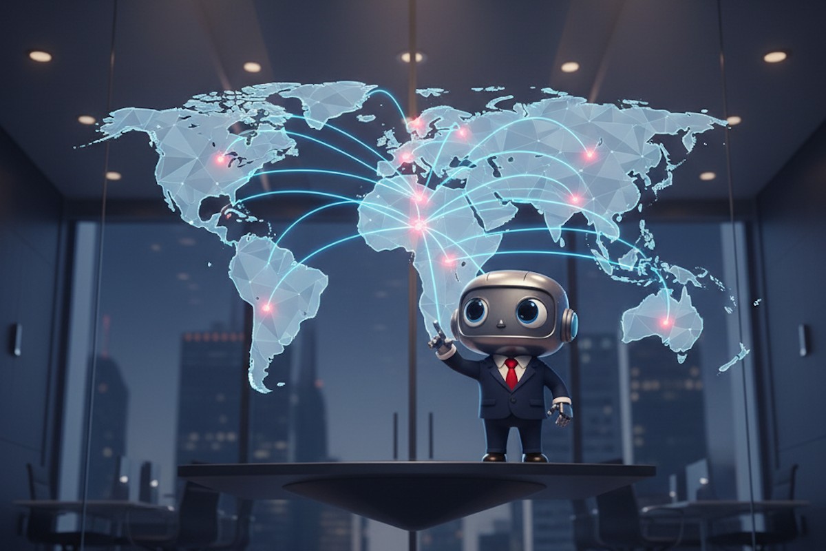 VPN-Roll-out: Globale Netzwerke sichern den Datentransfer - Bild: Pixar-artiger Roboter zeigt auf vernetzte Weltkarte, symbolisiert VPN-Roll-out für globale Netzwerksicherheit in futuristischem Büro – (Google Gemini/stk) Pixar-artiger Roboter zeigt auf vernetzte Weltkarte, symbolisiert VPN-Roll-out für globale Netzwerksicherheit in futuristischem Büro – (Google Gemini/stk)