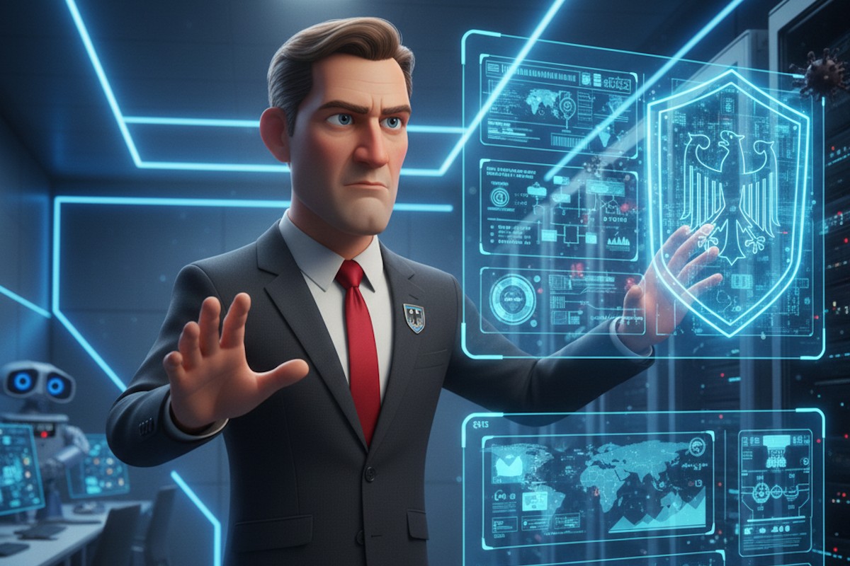 Geschäftsmann steuert Cybersicherheitssysteme. Serverraum mit blauer Beleuchtung unterstreicht digitale Datensicherheit und VPN-Technologie Made in Germany. – (Google Gemini / stk)