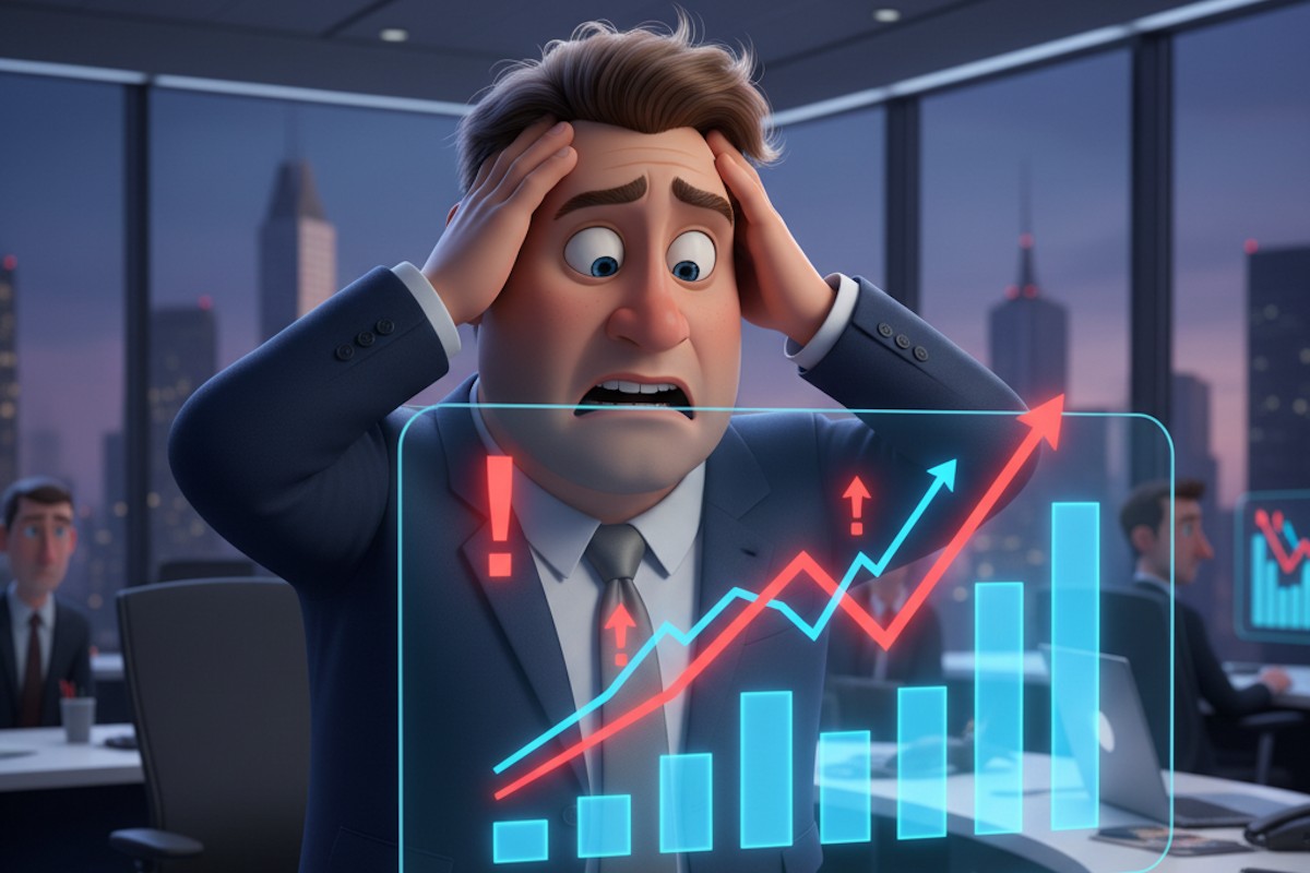 Besorgter Geschäftsmann vor steigenden Energiekosten-Diagrammen – (Google Gemini / stk)