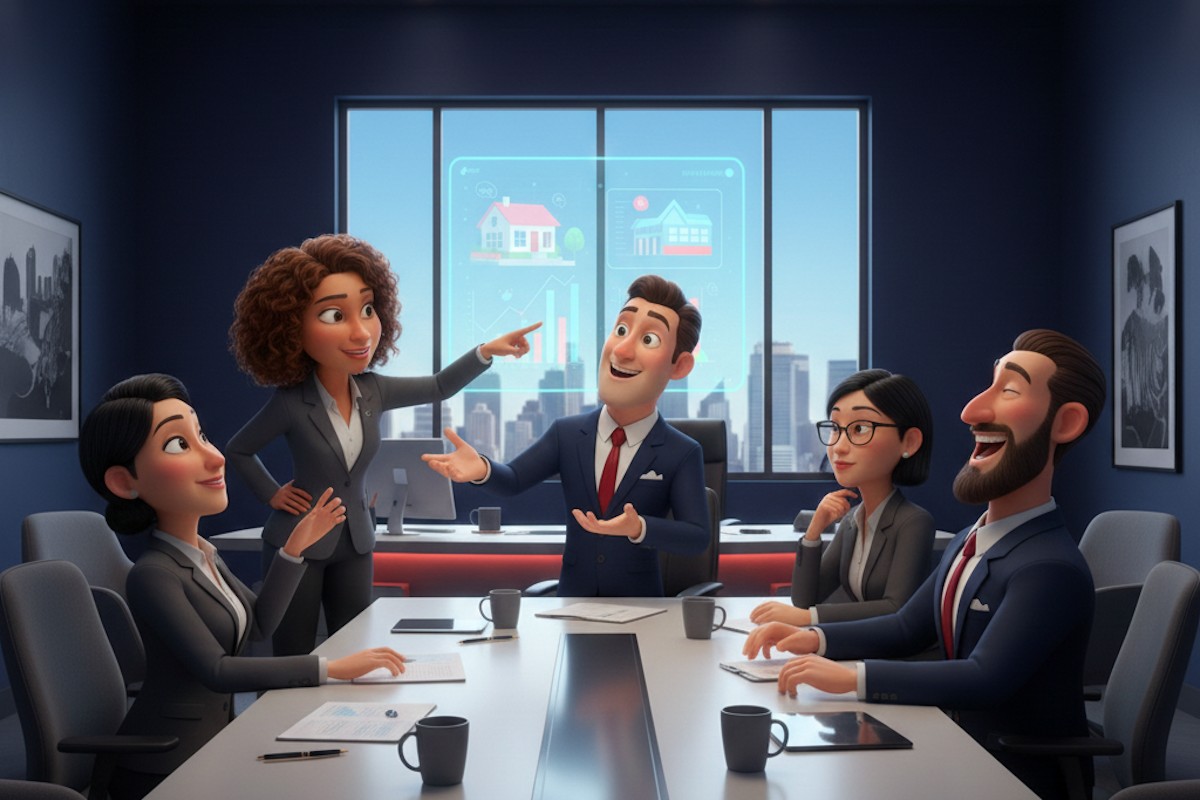 Expertenteam analysiert Gewerbeimmobilien-Daten in modernem Konferenzraum, lebhafte Diskussion vor holografischem Display mit Immobilienwerten und Markttrends – (Bild: Google Gemini/stk)