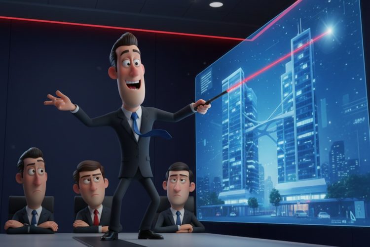 Verkaufspräsentation einer Gewerbeimmobilie: Ein Immobilienberater präsentiert einen Gebäudekomplex vor Investoren im Konferenzraum. Holografische Projektion eines Wolkenkratzers im Pixar-Stil.