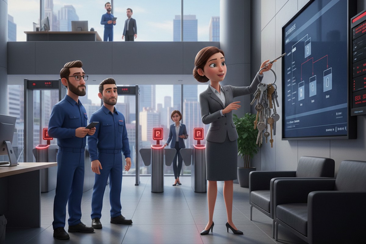 Sicherheitsexpertin erklärt Schließanlagensystem, während Facility-Manager aufmerksam zuhören. Modernes Kontrollzentrum mit Sicherheitsschranken im Hintergrund.