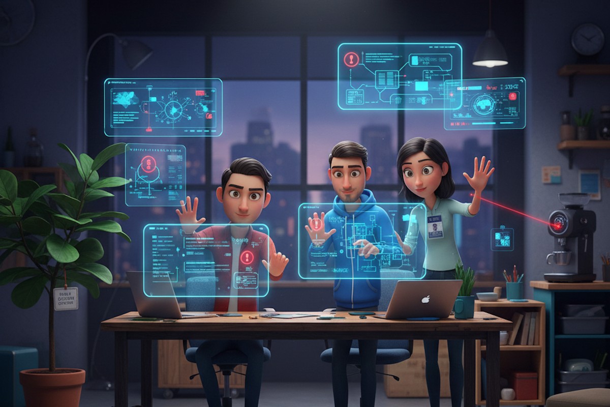 KMU-Team analysiert Zero-Trust-Sicherheitsprotokolle über holografische Displays im nächtlichen Büro. Pixar-Stil 3D-Animation zeigt moderne Cybersicherheit für kleine Unternehmen.