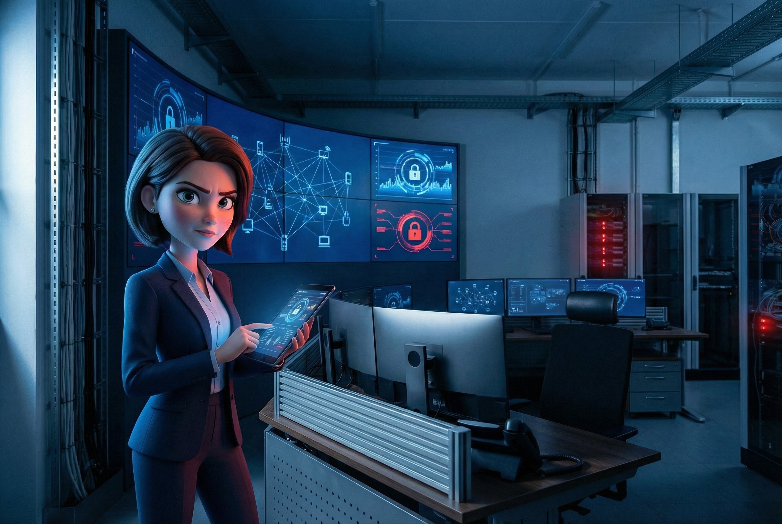 Cyber-Resilienz-Verordnung: EU erzwingt fünfjährige Update-Pflicht - Bild: Stilisierte 3D-Darstellung einer IT-Sicherheitsanalystin im dunkelblauen Kontrollzentrum, die auf einer riesigen Monitorwand kritische Netzwerke im Kontext der Cyber-Resilienz-Verordnung überwacht. Stilisierte 3D-Darstellung einer IT-Sicherheitsanalystin im dunkelblauen Kontrollzentrum, die auf einer riesigen Monitorwand kritische Netzwerke im Kontext der Cyber-Resilienz-Verordnung überwacht.