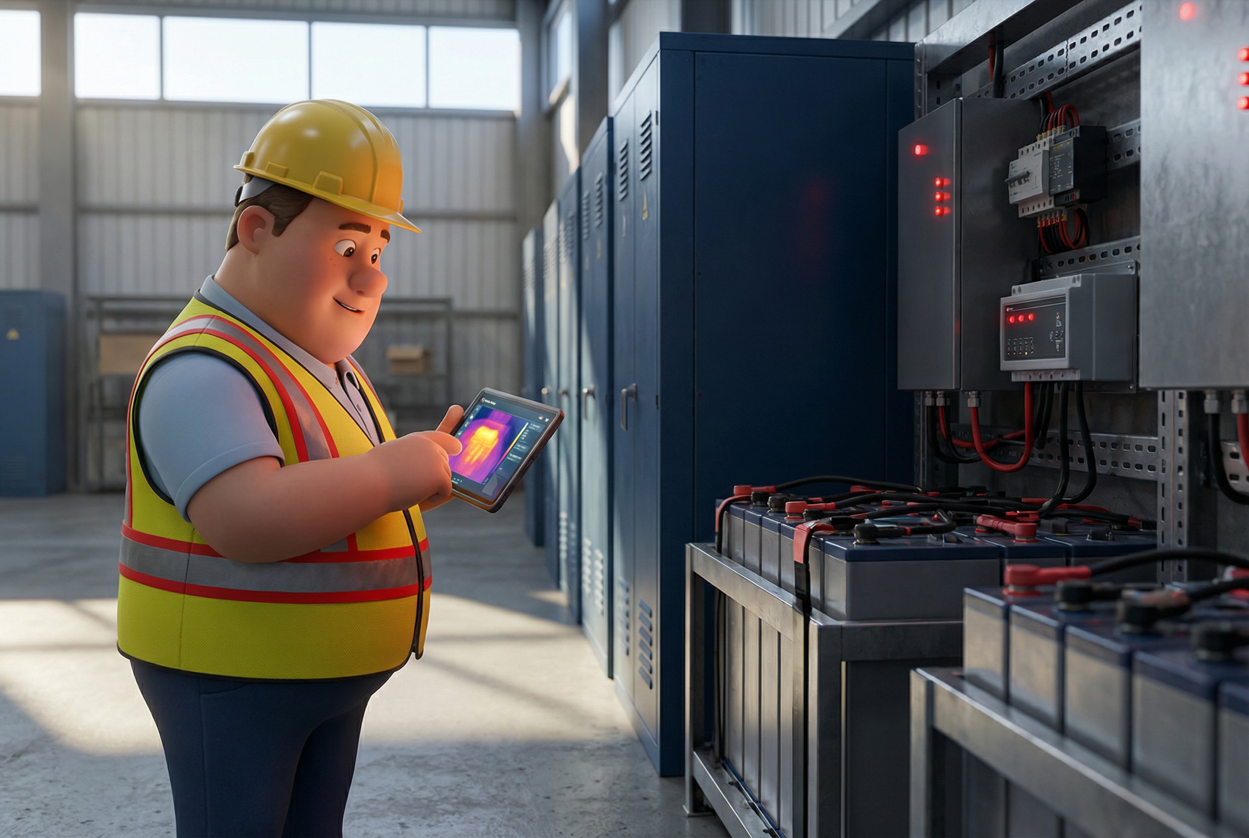 Ein animierter Techniker in Arbeitskleidung und mit Schutzhelm steht in einer Industriehalle vor großen Batterieschränken und betrachtet ein Tablet, das eine Wärmebildaufnahme anzeigt.