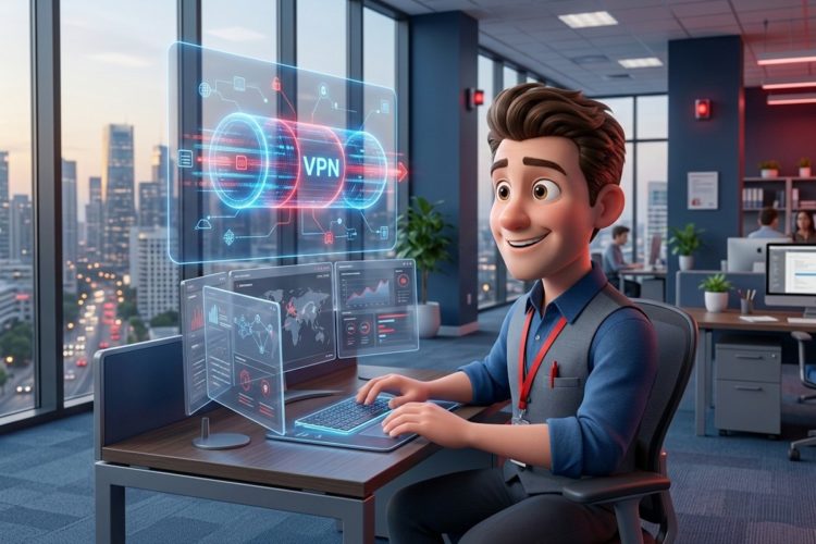VPN-Tunnel mit verschlüsselten Datenströmen und Sicherheits-Dashboards – IT-Experte visualisiert sichere Verbindung in einem modernen Büro.