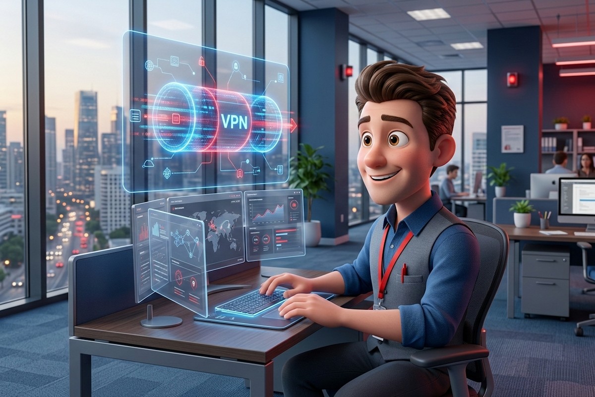 VPN-Tunnel mit verschlüsselten Datenströmen und Sicherheits-Dashboards – IT-Experte visualisiert sichere Verbindung in einem modernen Büro.