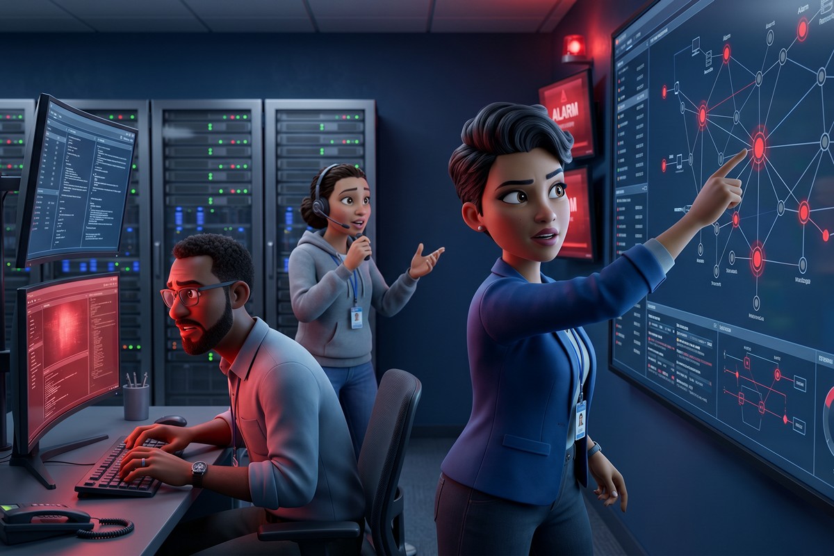 IT-Sicherheitsteam analysiert Netzwerkangriff im Kontrollraum während Data Breach mit roter Alarmleuchte
