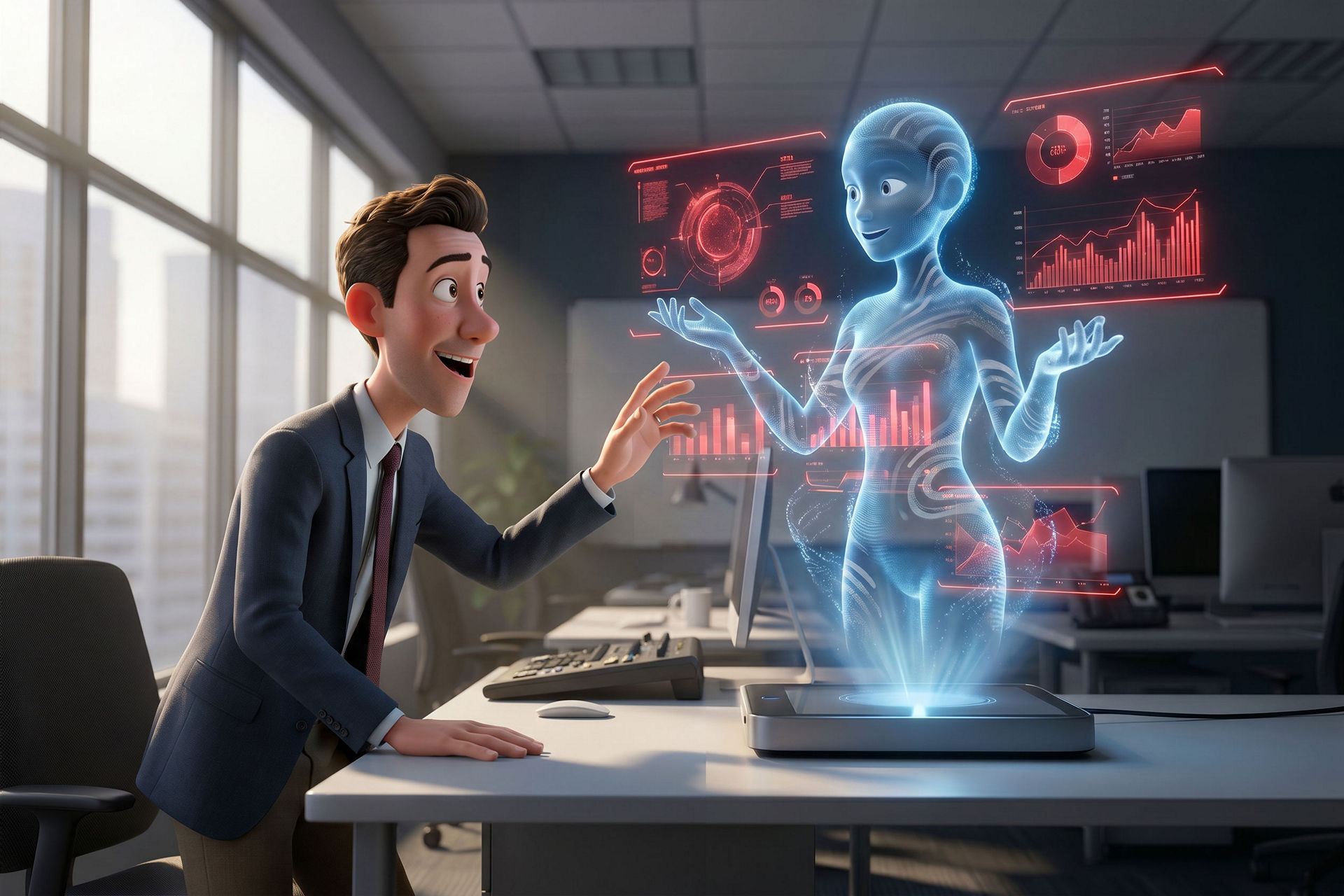 Geschäftsmann zeigt fasziniert auf rote Datendiagramme, die von einem blauen KI-Hologramm präsentiert werden.