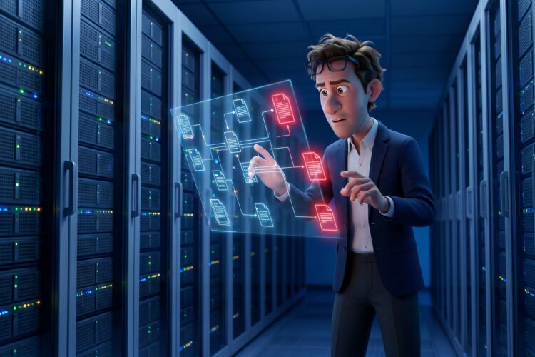 Futuristischer Serverraum mit leuchtenden Datenströmen und strukturierter Infrastruktur als Grundlage für KI-Readiness und Enterprise Information Management
