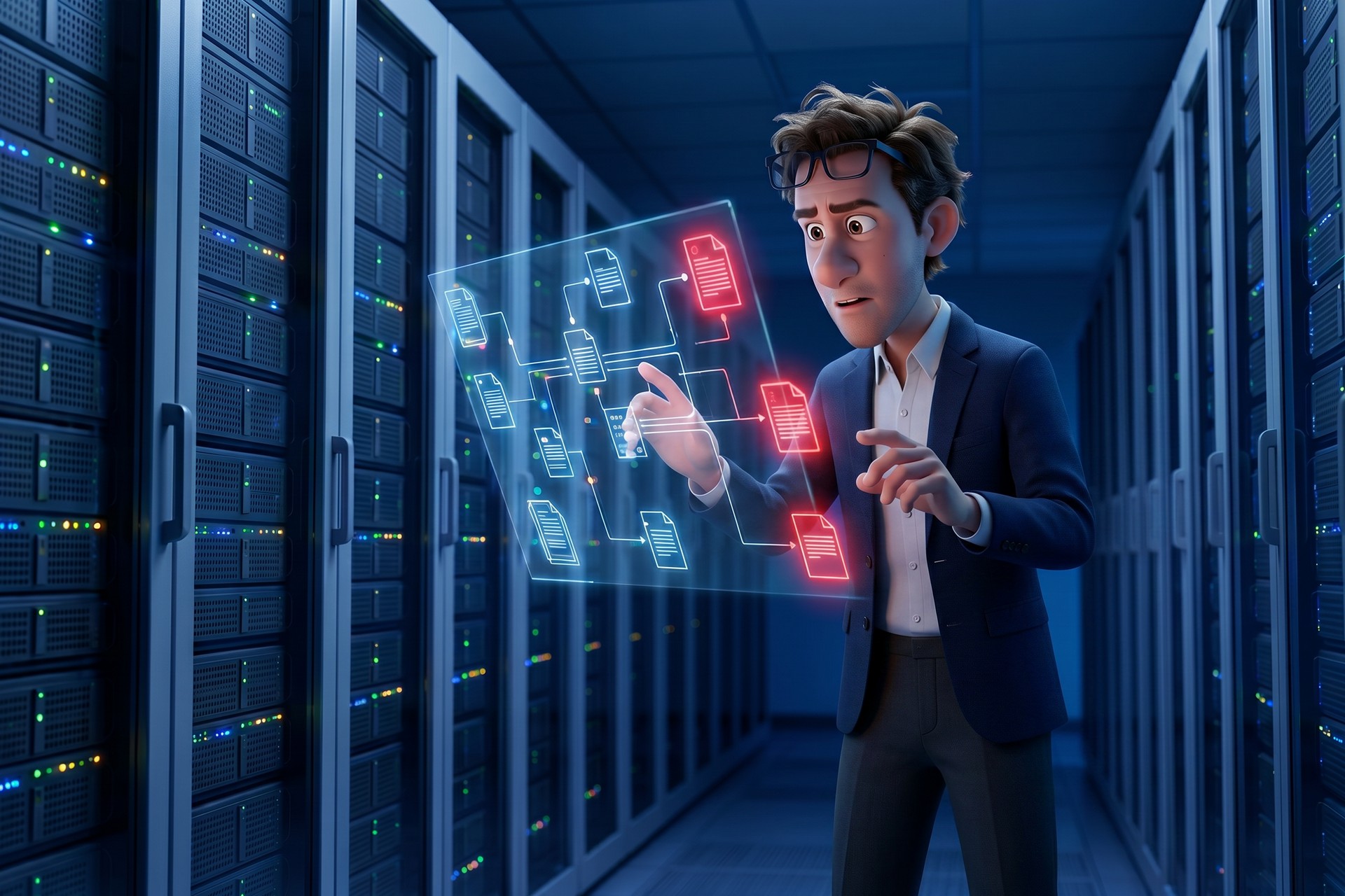 Futuristischer Serverraum mit leuchtenden Datenströmen und strukturierter Infrastruktur als Grundlage für KI-Readiness und Enterprise Information Management