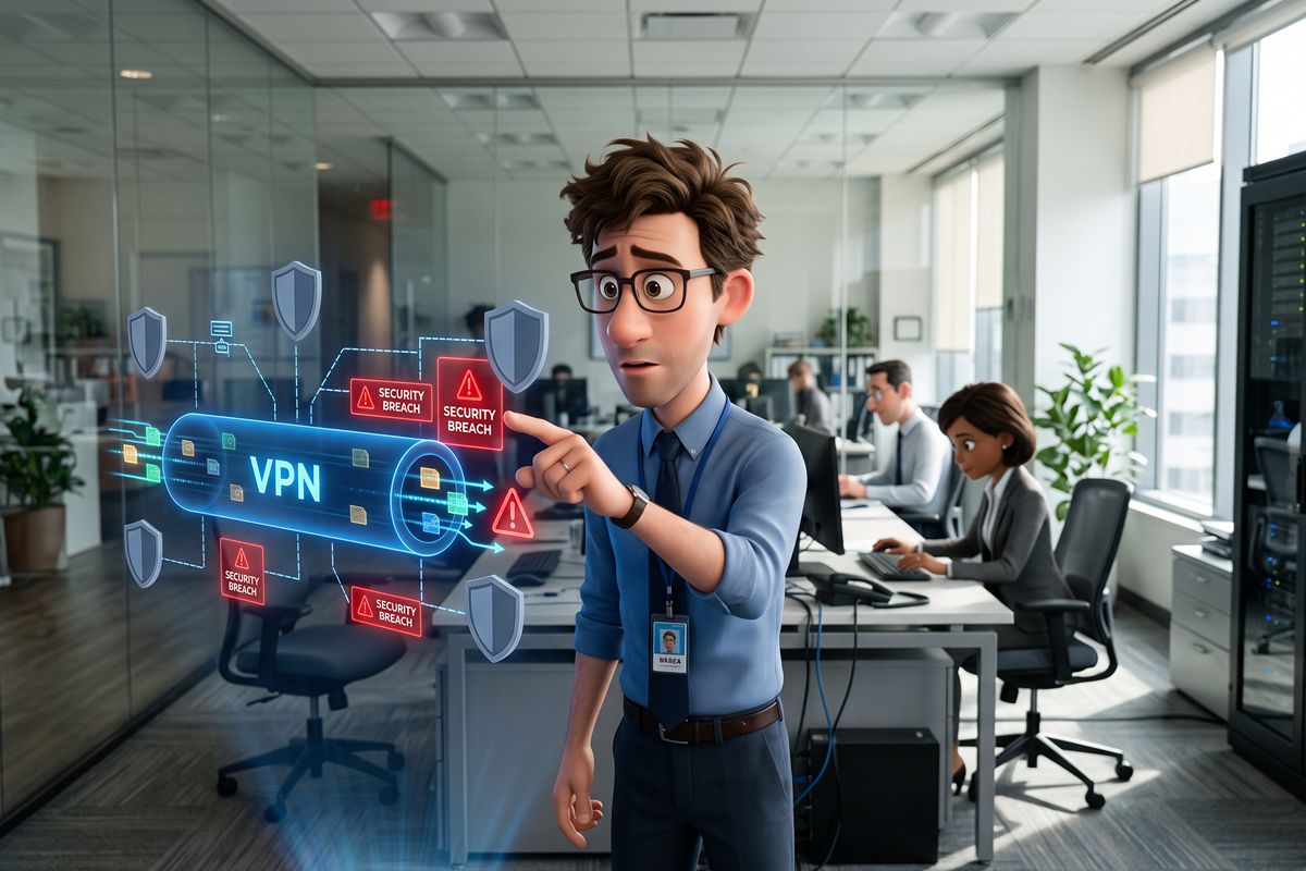Remote Access: Ein VPN allein schützt kein Firmennetz - Bild: Besorgter IT-Mitarbeiter vor einem VPN-Tunnel mit roten Sicherheitswarnungen Besorgter IT-Mitarbeiter vor einem VPN-Tunnel mit roten Sicherheitswarnungen