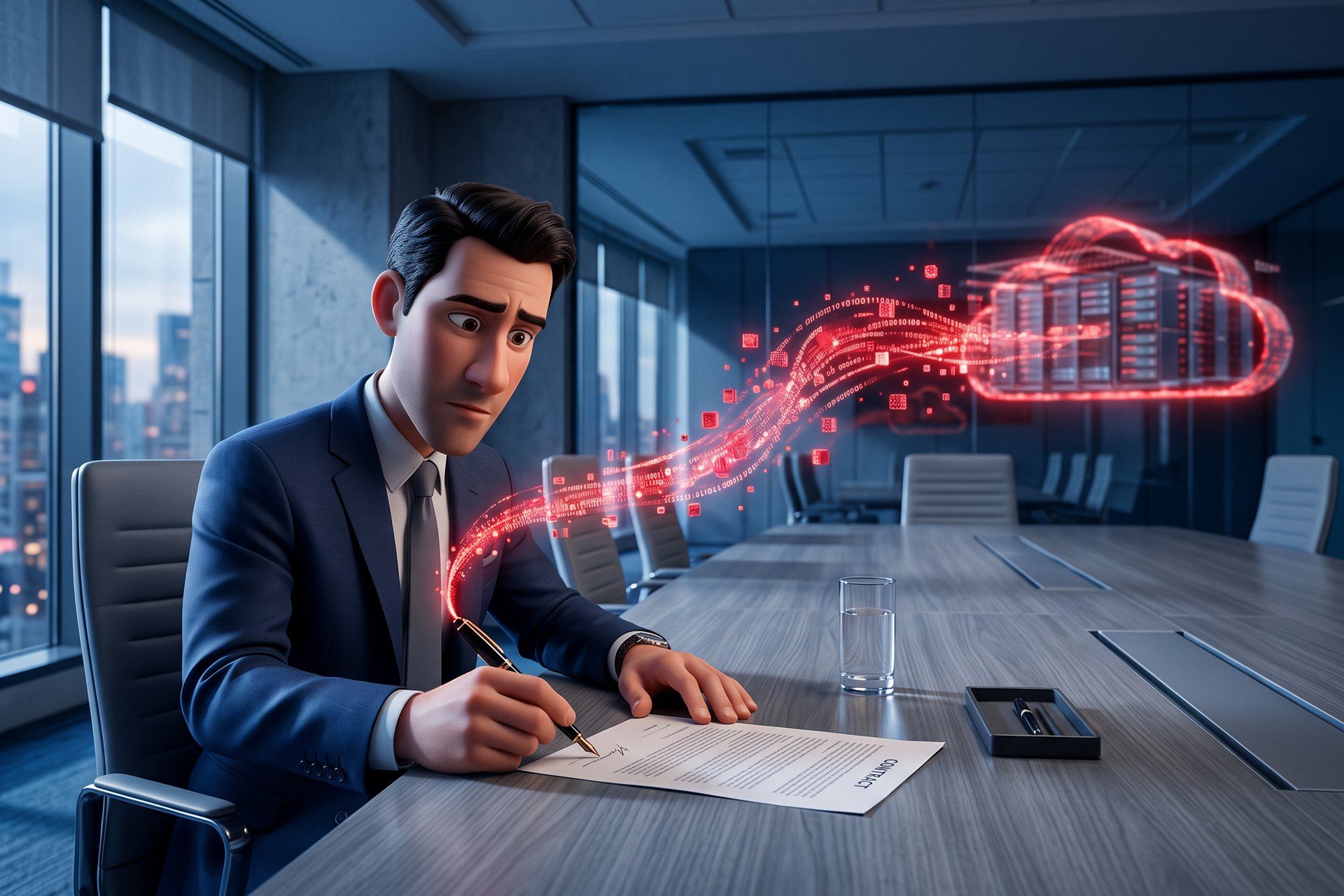 Geschäftsführer unterzeichnet Vertrag, während leuchtend rote Datenpartikel zur Cloud-Visualisierung aufsteigen – Symbol für die Tragweite von Software-Entscheidungen.